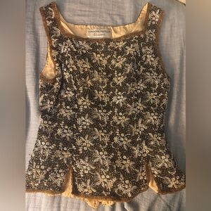 Adrianna Papell Black and Gold Floral Embellished Blouse